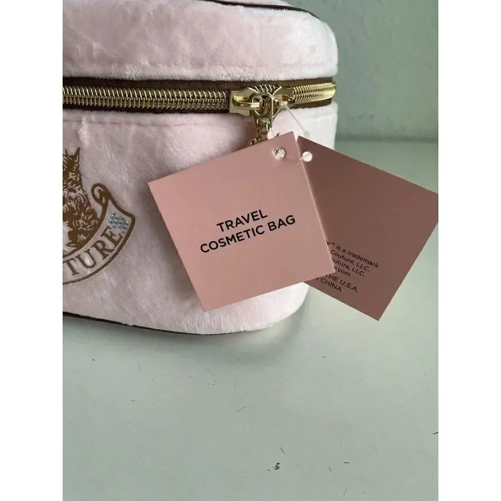 JUICY COUTURE Makeup Bag Travel Cosmetic Train Case Pink‎ Velour Scottie Crown